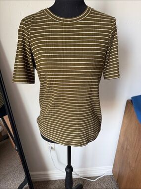 Vince Olive Brown & White Striped Ribbed Short Sleeve Tee